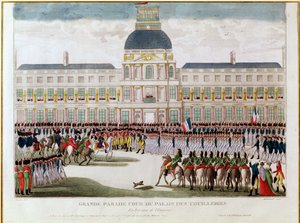 Desfile en el patio del Palais des Tuileries en presencia del Emperador, grabado por Blanchard de Thomas Naudet